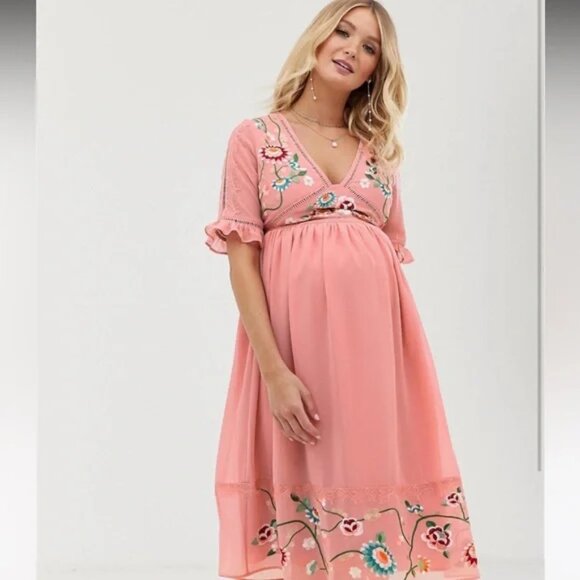 ASOS Maternity embroidered Pink Midi Dress - Picture 1 of 10